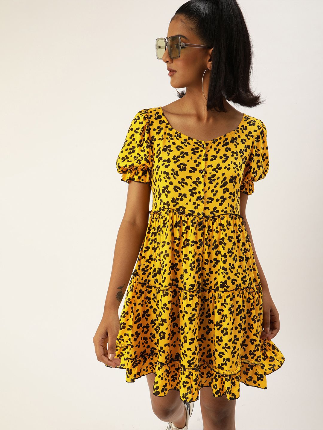 Antheaa Women Yellow Printed Fit and Flare Dress