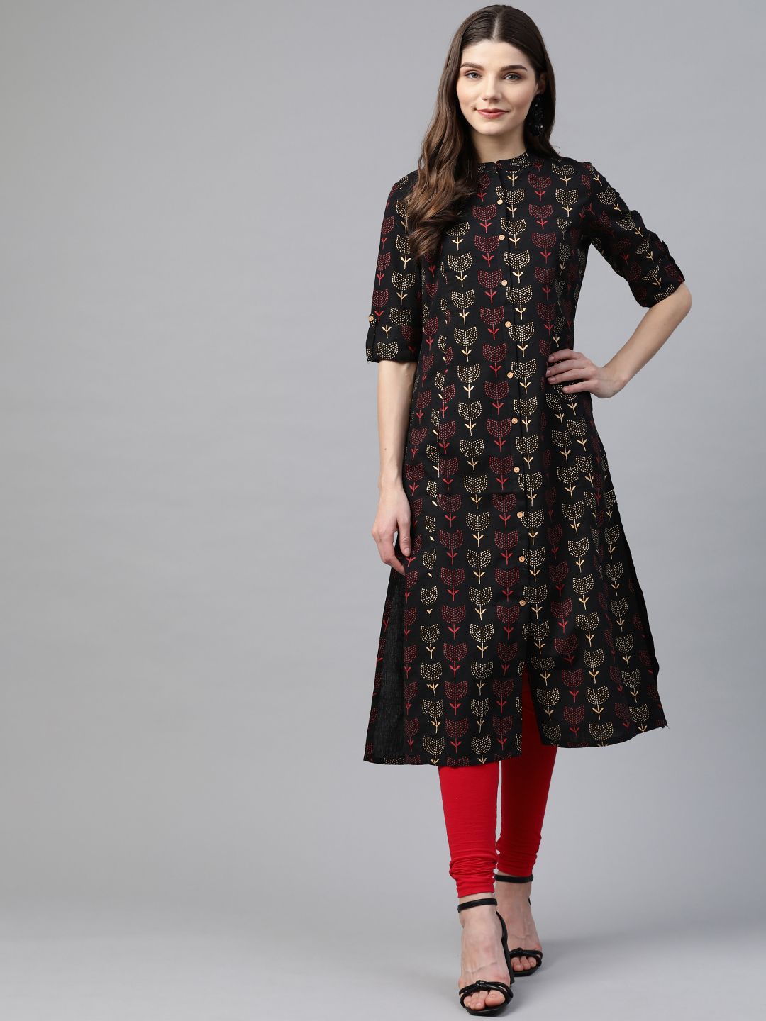 Divena Women Black & Red Cotton Ethnic Motifs Printed A-Line Kurta