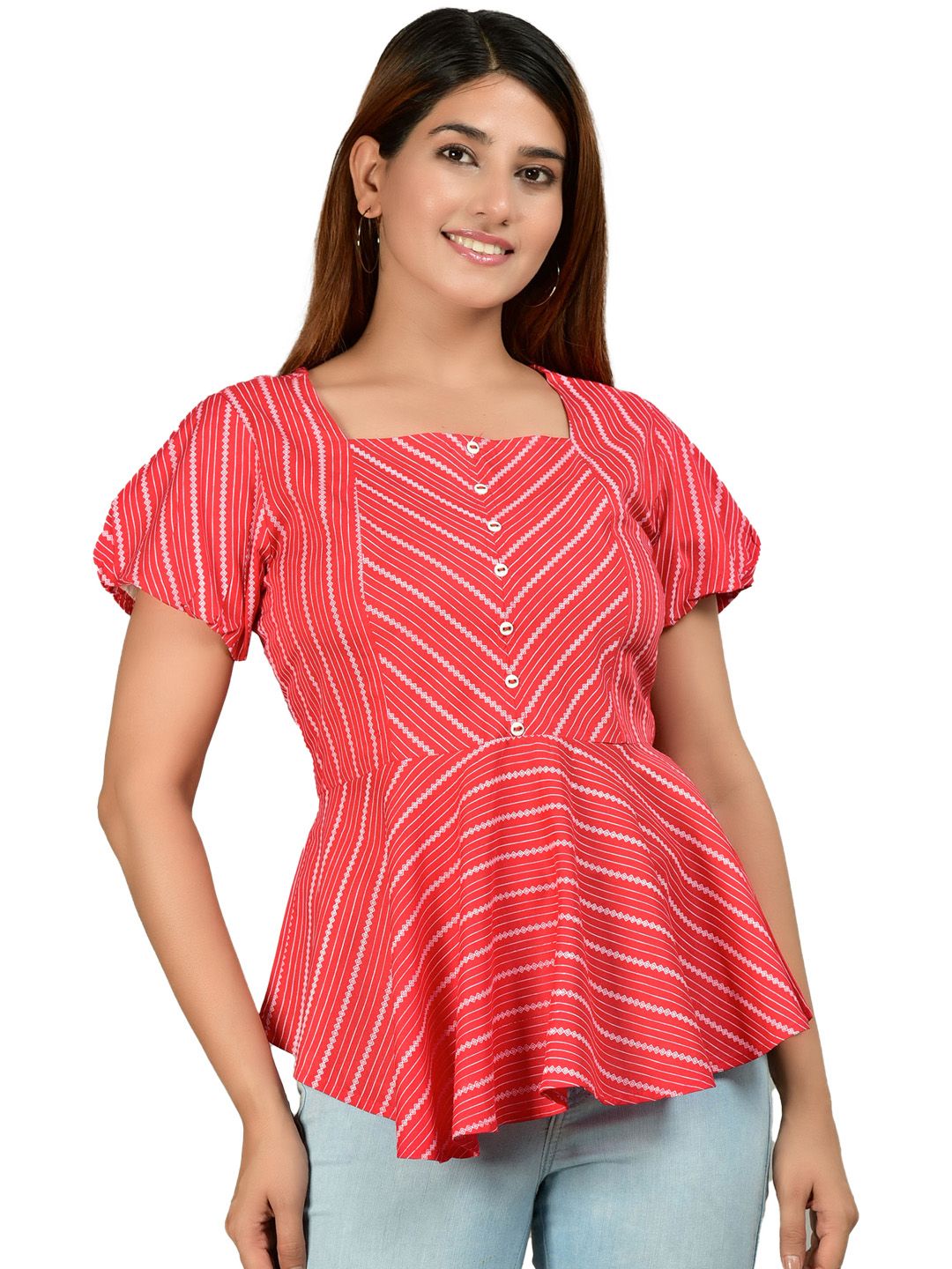 YASH GALLERY Red & White Geometric Printed Flared Sleeves Top