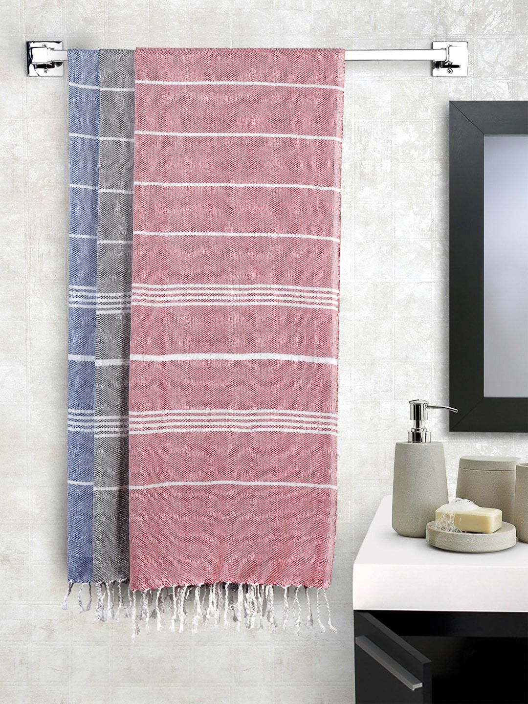 KLOTTHE Blue Striped Cotton 233GSM Super Soft 3PCs Adult Regular Bath Towel-59x30In