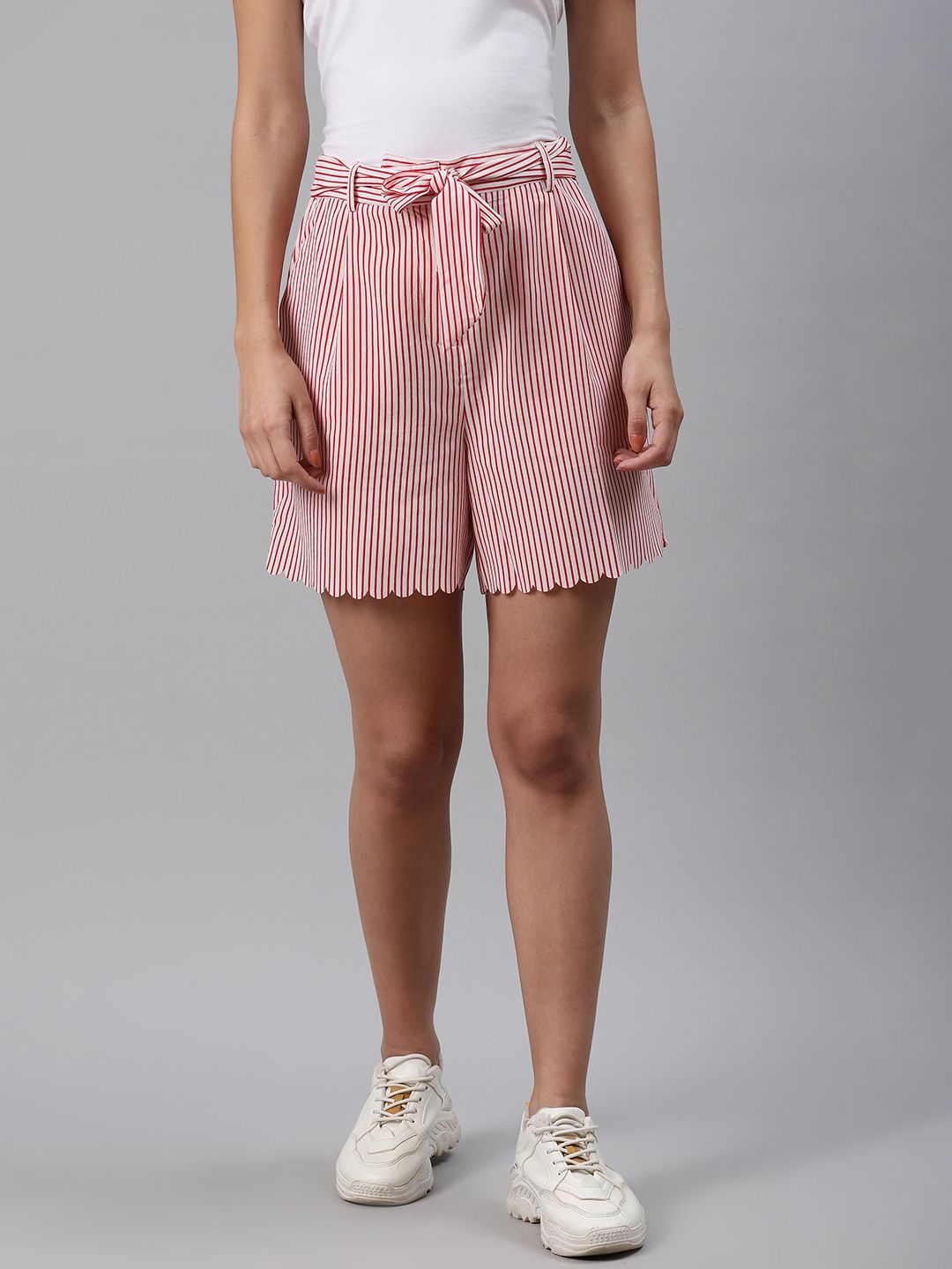 VARUSHKA Women Red & White Striped Slim Fit Scalloped Shorts