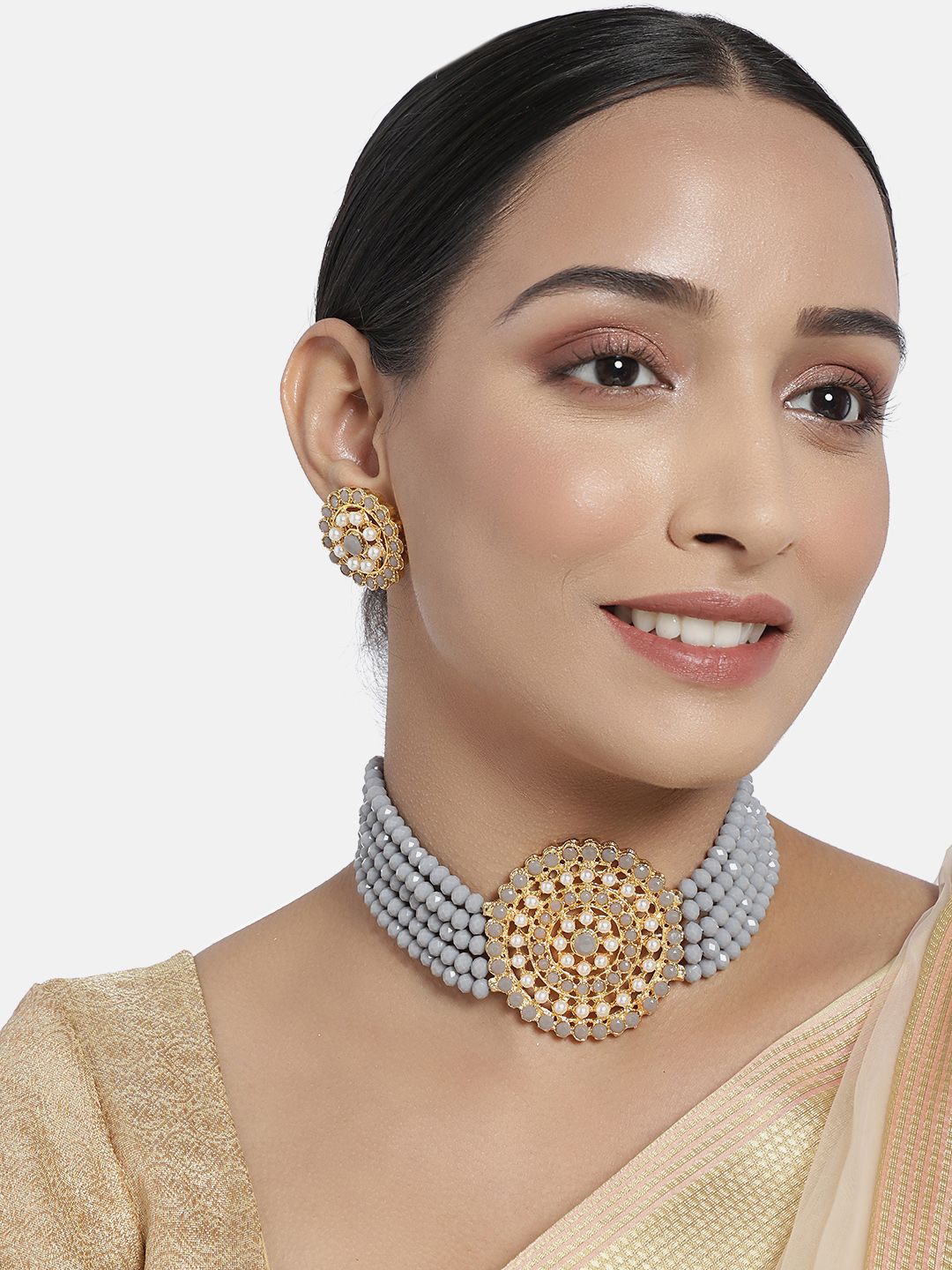 I Jewels Grey Gold-Plated Beaded Choker Jewellery Set