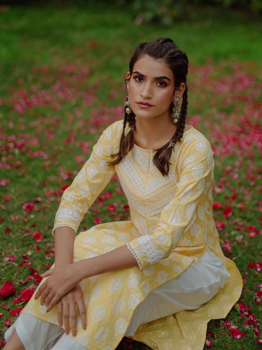 anayna Women Yellow & White Ethnic Motifs Screen Print Cotton Pastel Kurta