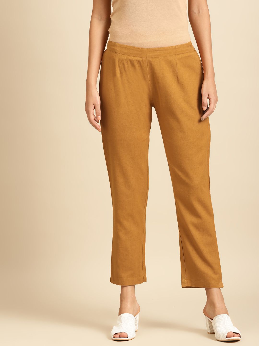 anayna Women Mustard Brown Solid Straight Palazzos