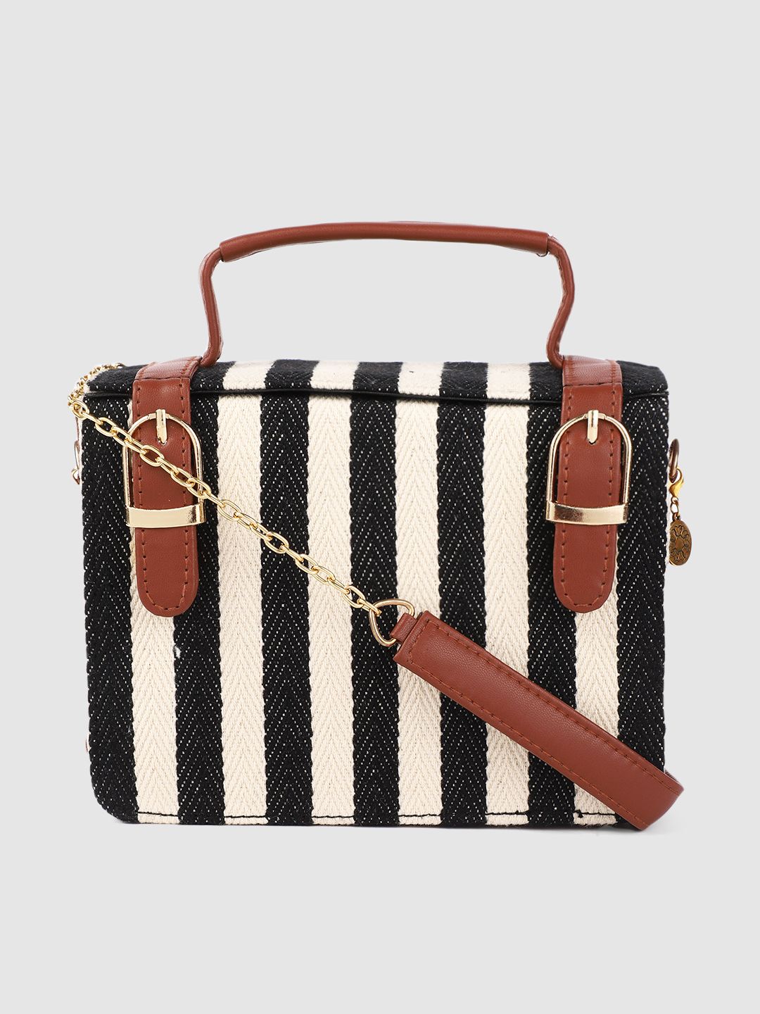 AccessHer Black & White Striped Handheld Bag