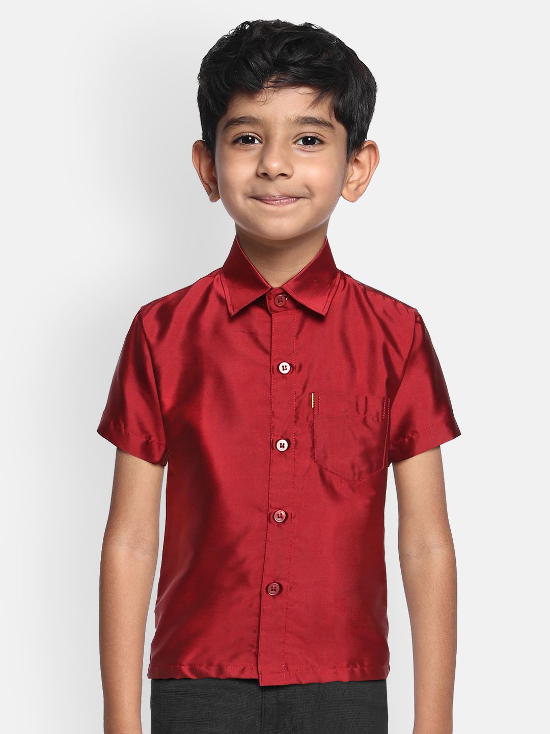 THANGAMAGAN Boys Red Regular Fit Solid Ethnic Silk Shirt