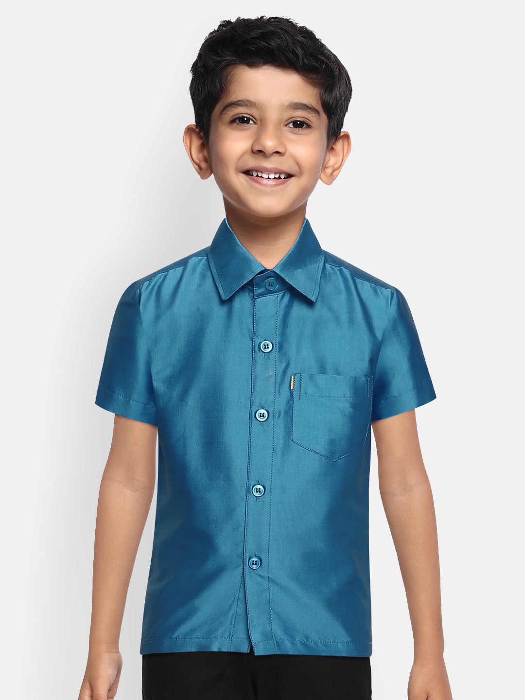 THANGAMAGAN Boys Blue Regular Fit Solid Ethnic Silk Shirt