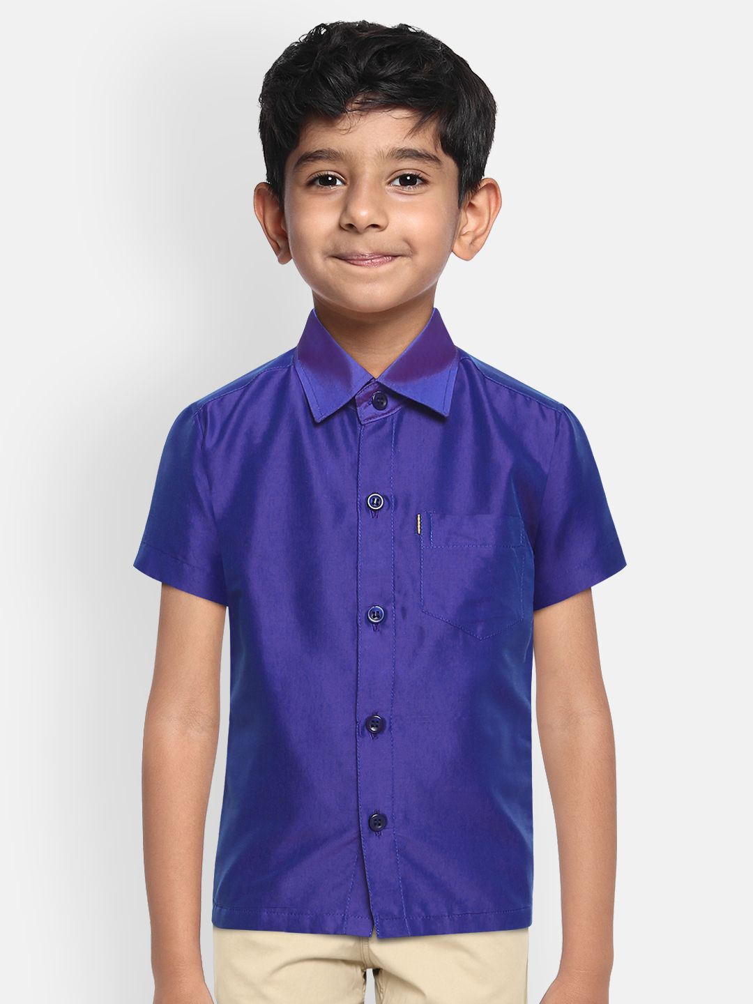 THANGAMAGAN Boys Blue Regular Fit Solid Ethnic Silk Shirt