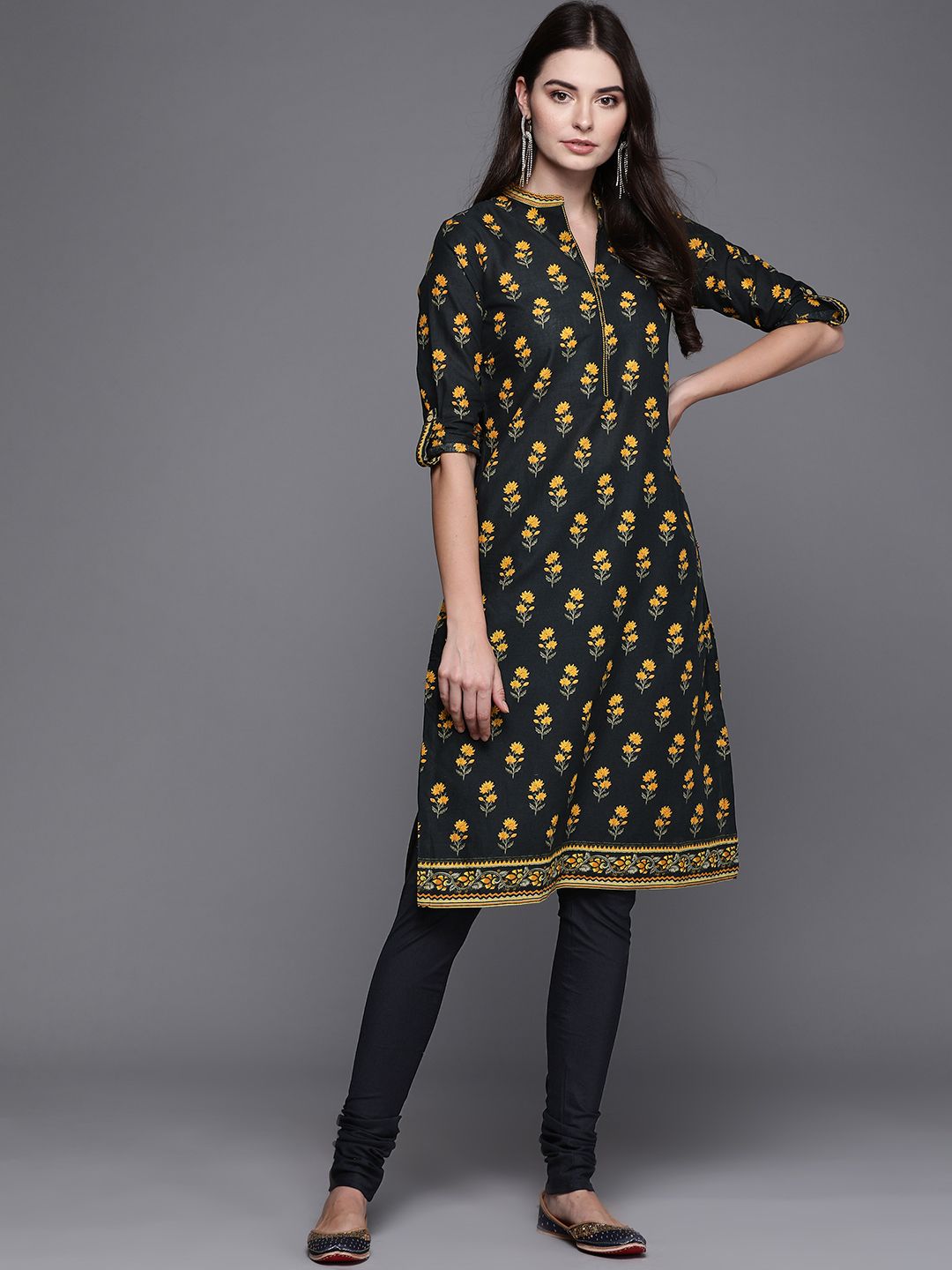 Biba Women Black & Mustard Yellow Pure Cotton Printed Kurta with Churidar