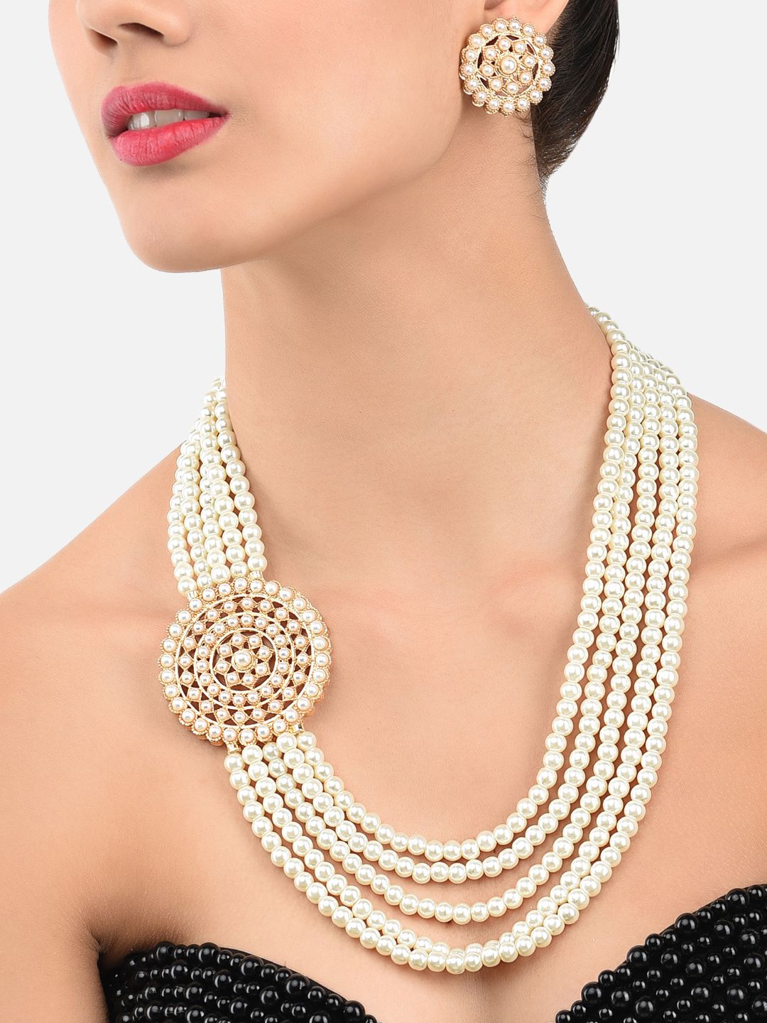 Zaveri Pearls Cream & Gold-Plated Pearl Studded Jewellery Set