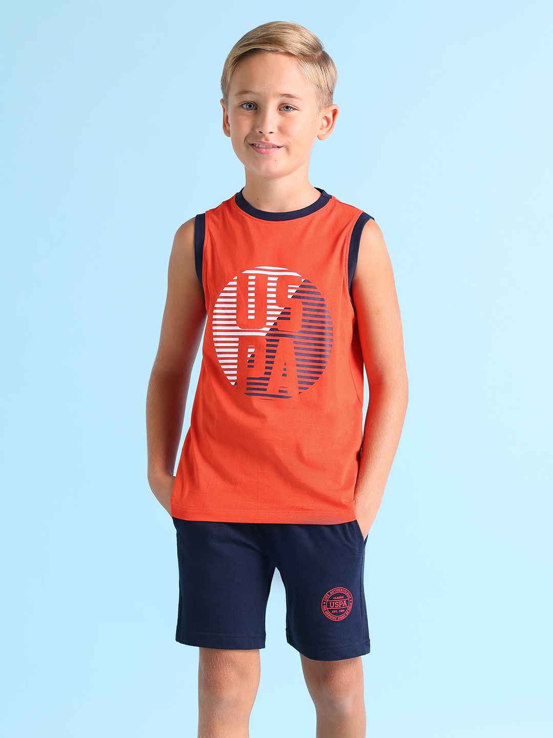 U.S. Polo Assn. Kids Boys Rust Red Cotton Printed Round Neck Sleeveless Lounge T-shirt