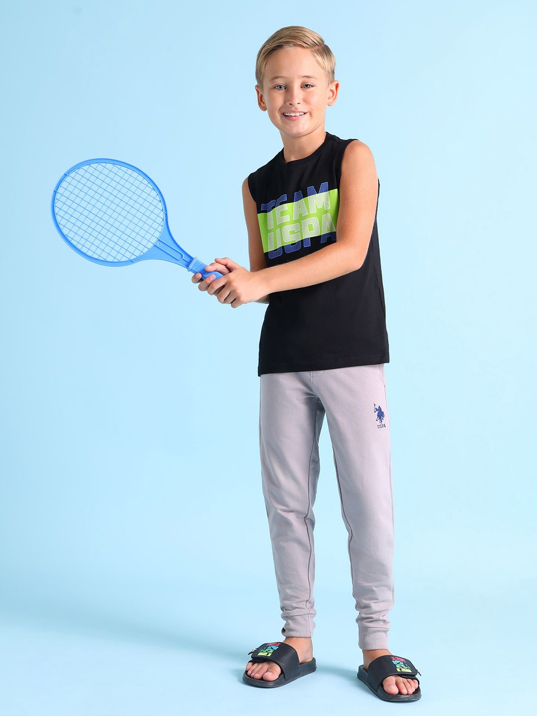 U.S. Polo Assn. Kids Boys Black & Yellow Cotton Brand Logo Print Lounge T-shirt