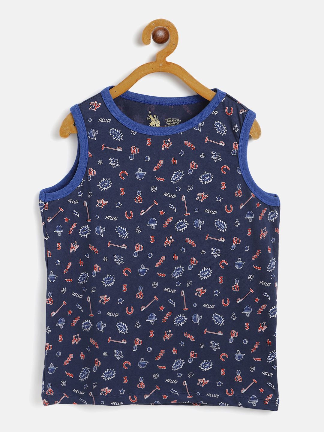 U.S. Polo Assn. Kids Boys Blue  Red Pure Cotton Printed Round Neck Sleeveless Pure Cotton T-shirt