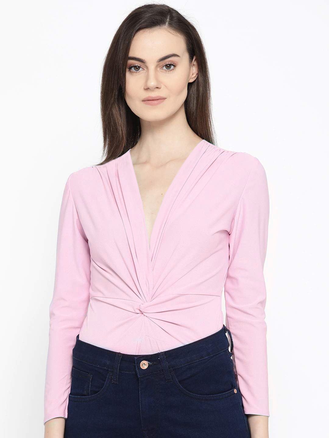 Aoba Women Pink Solid Twisted Detail Bodysuit