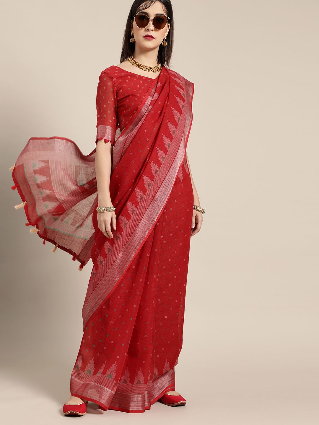 Blazing Red Linen Blend Saree 2