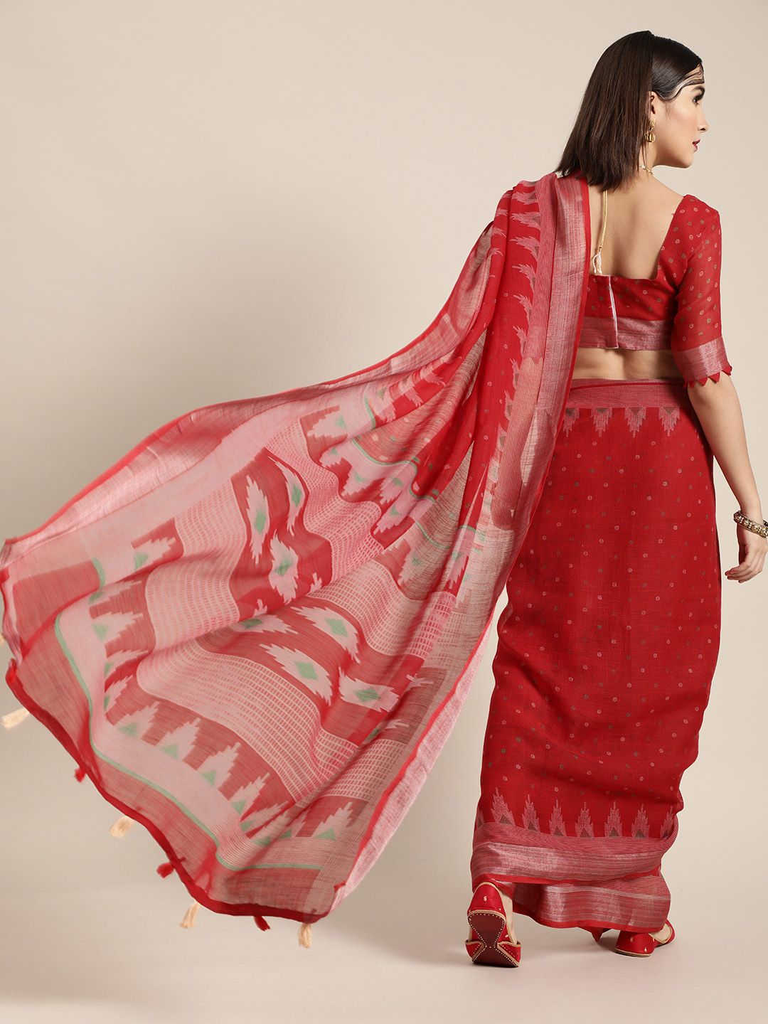 Blazing Red Linen Blend Saree 4