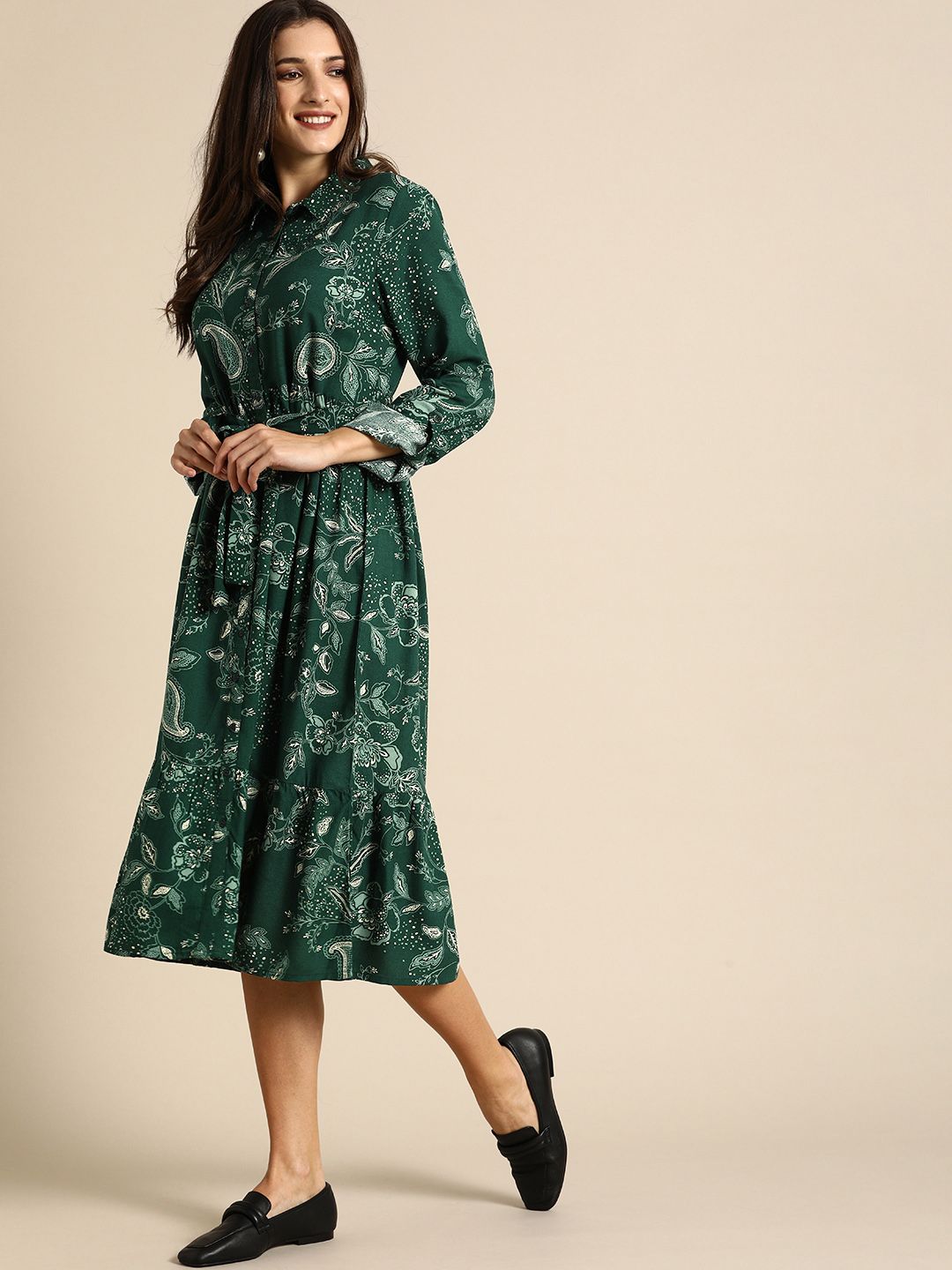 Routes by All About You Green Ethnic Motifs Shirt Midi Dress