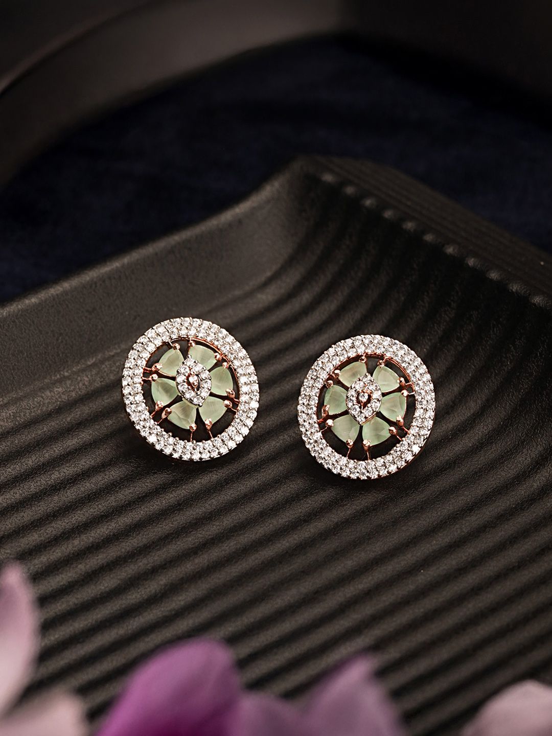 Saraf RS Jewellery Sea Green & Rose Gold-Plated Floral Studs Earrings