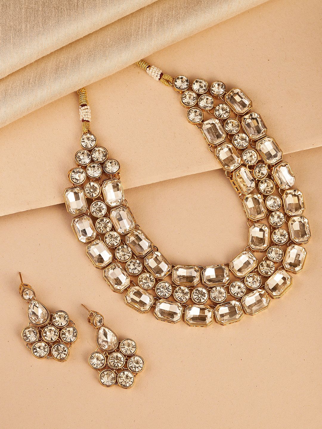 Peora Gold-Plated White Crystal Studded Jewellery Set