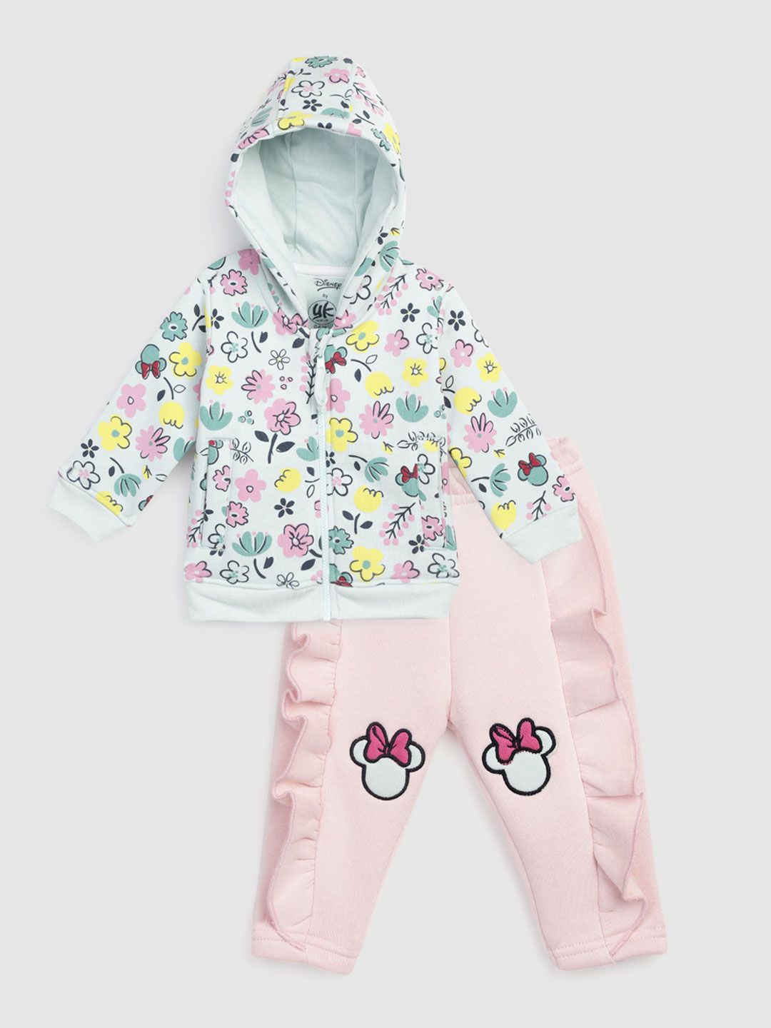 YK Disney Infant Girls Green & Pink Floral Minnie Mouse Printed Clothing Set