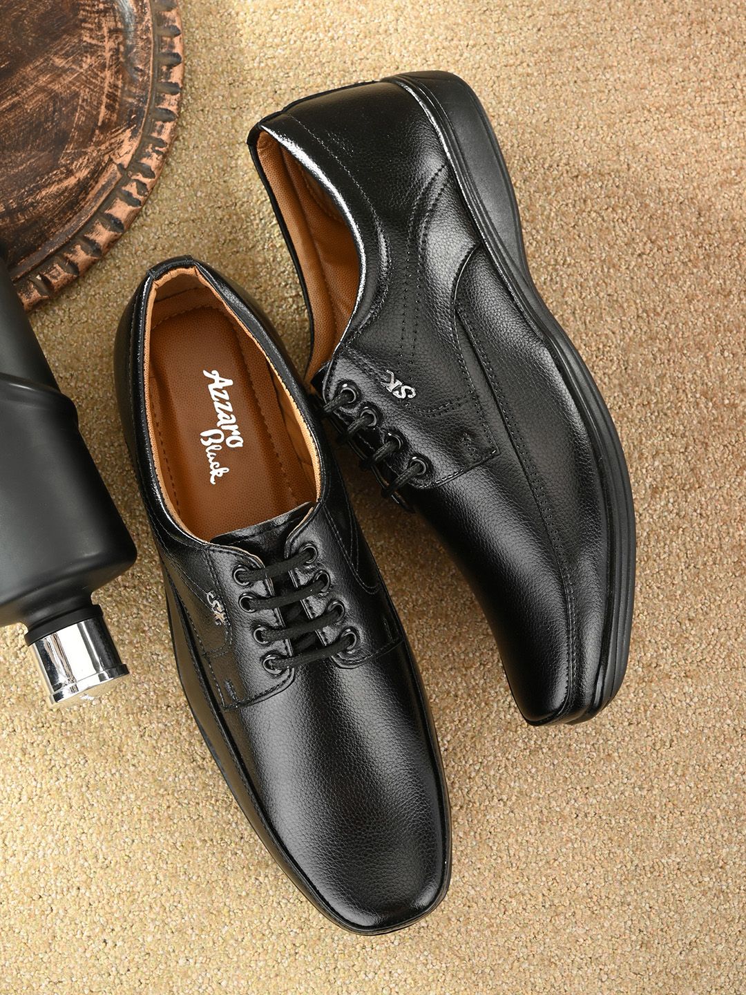 Azzaro Black Men Black Textured Formal Derbys