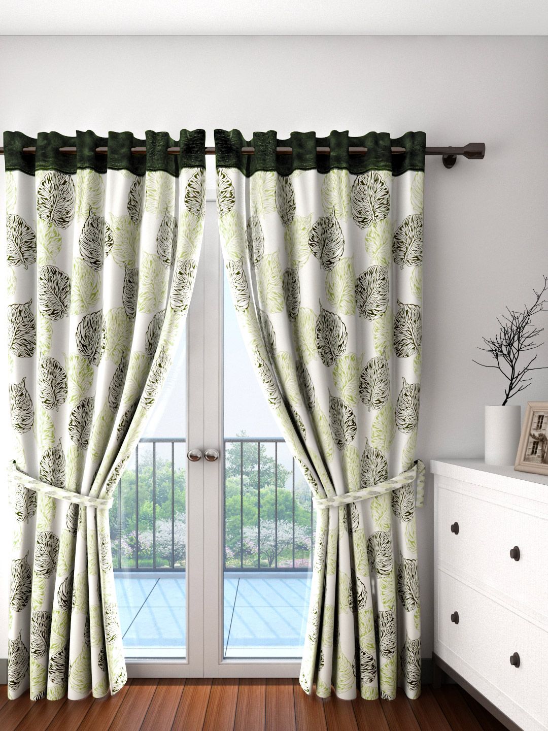 Cortina Set of 2 Off-White & Green Leaf Print Door Curtains