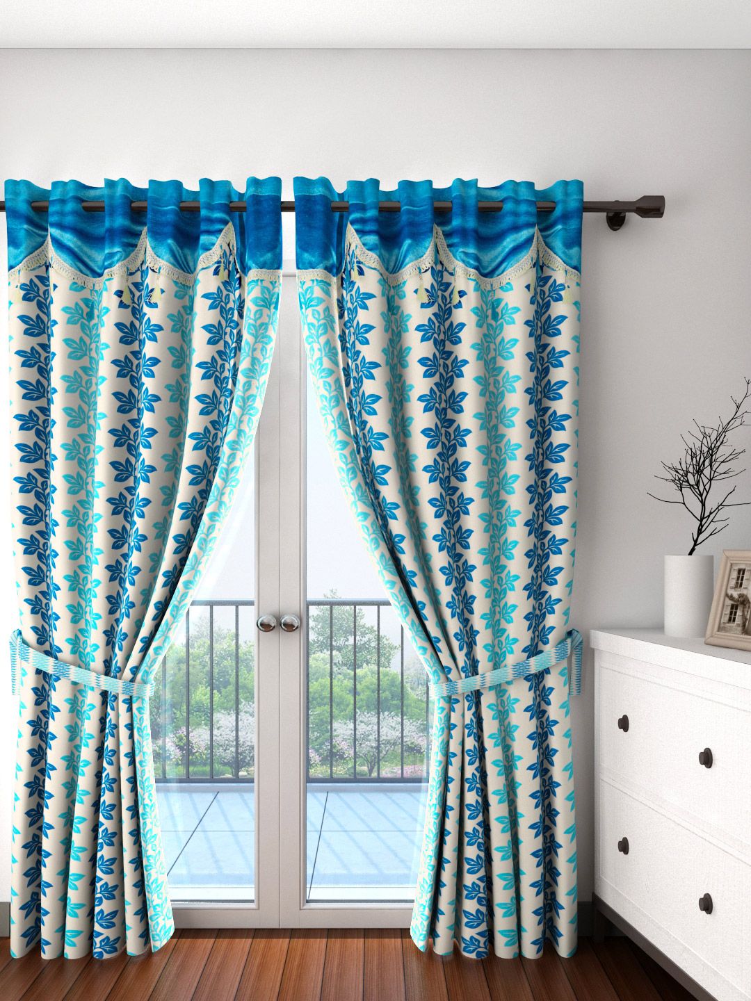 Cortina Blue & White Set of 2 Fancy Valance Floral Printed Door Curtains