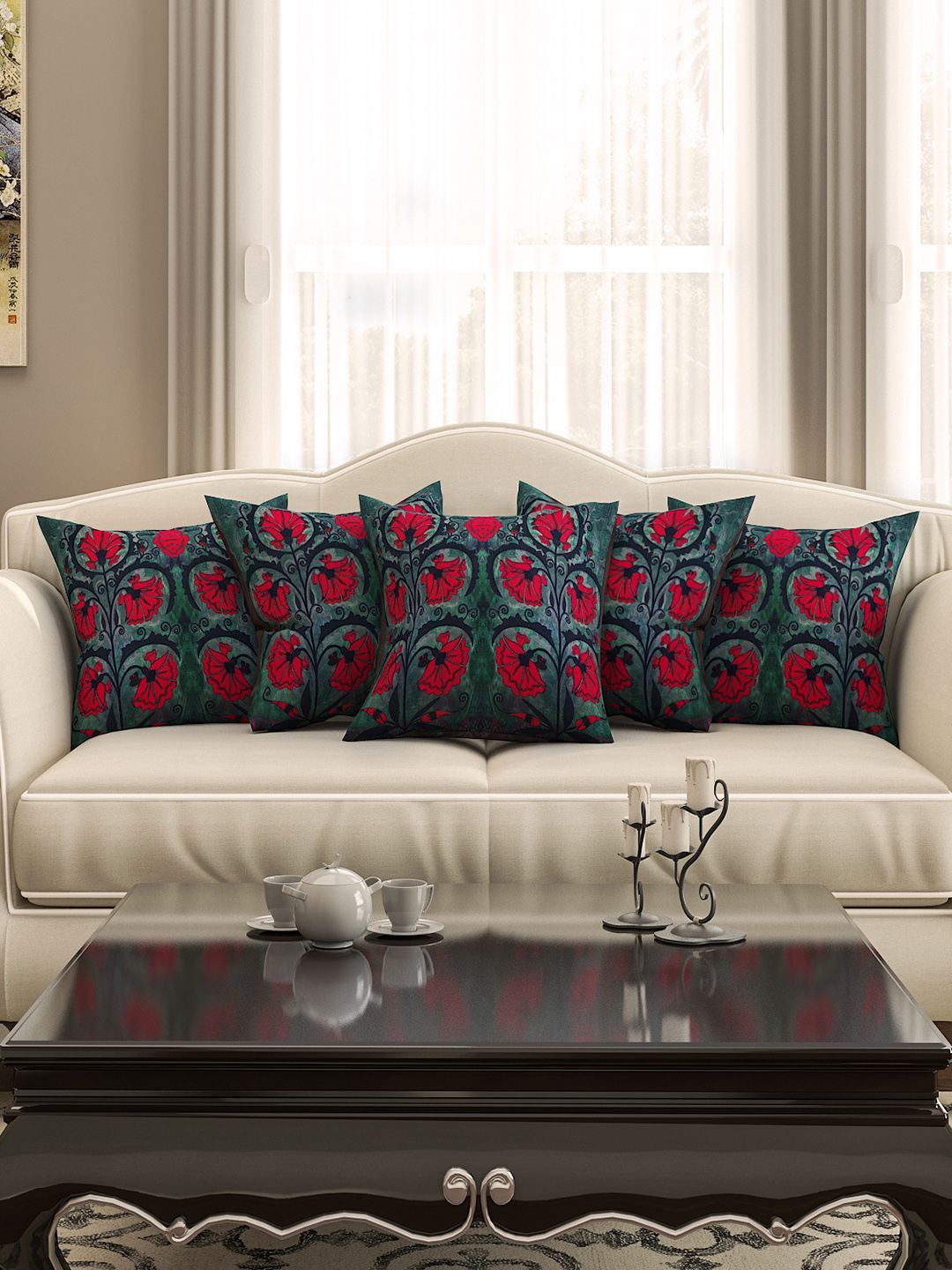 SEJ by Nisha Gupta Green Floral Cotton HD Digital 5 Piece Square Cushion Covers -16x16In
