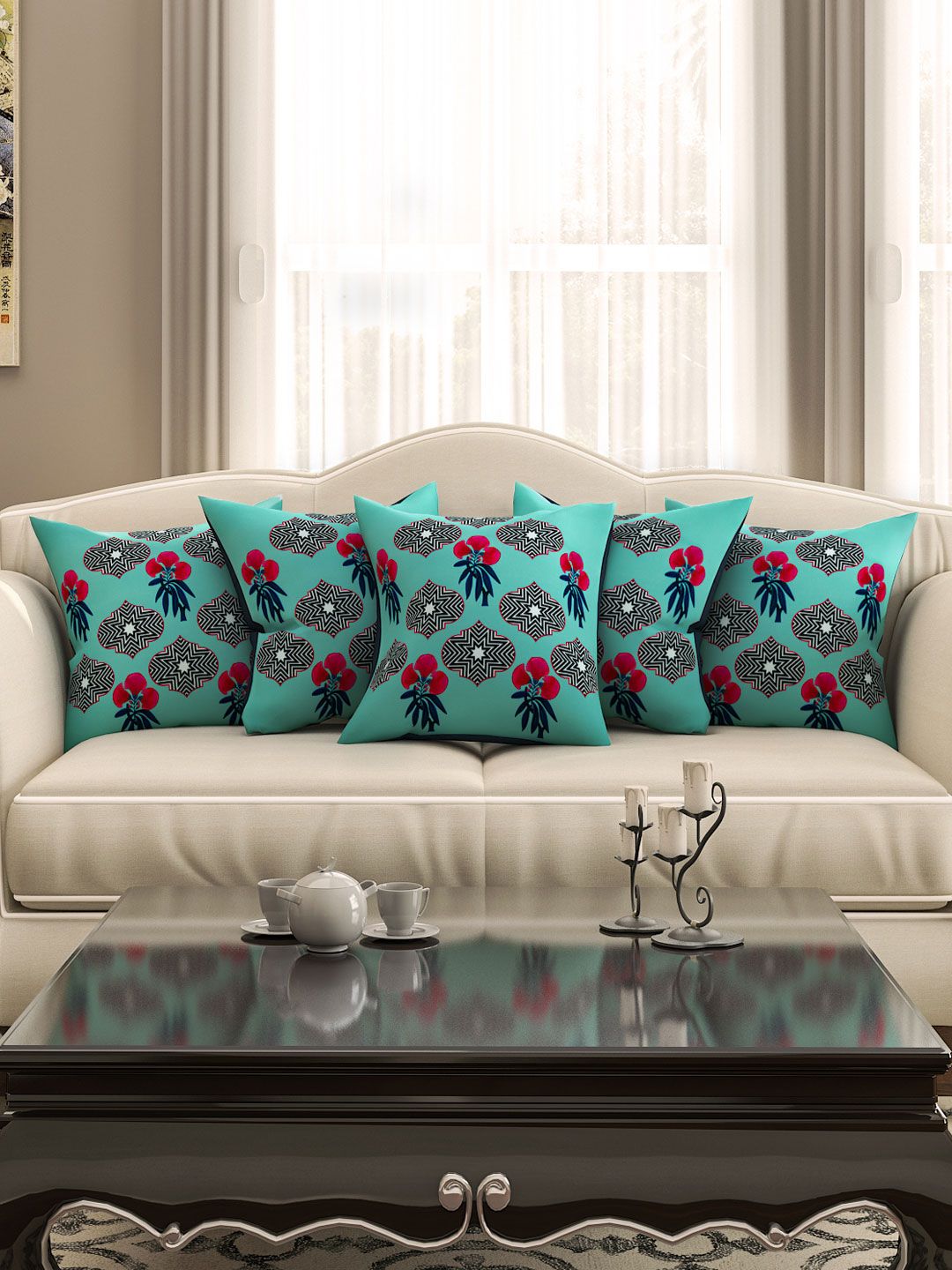 SEJ by Nisha Gupta Floral Blue Floral Cotton HD Digital 5 Pcs Cushion Covers -16x16In