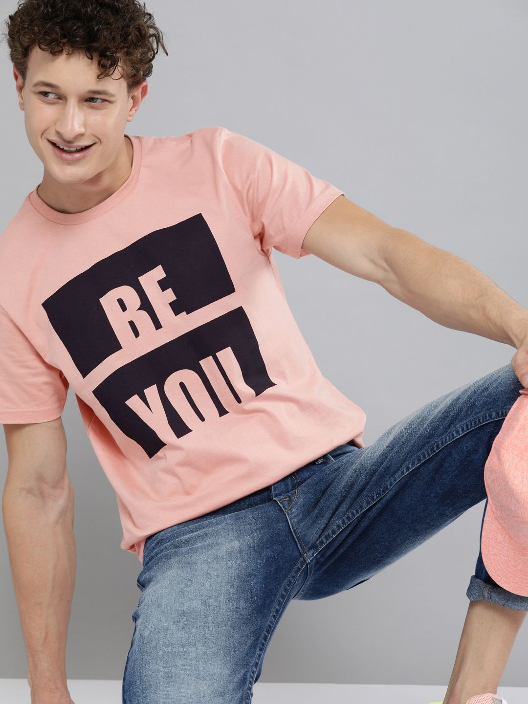 HERENOW Men Pink Typography Printed  Cotton T-shirt