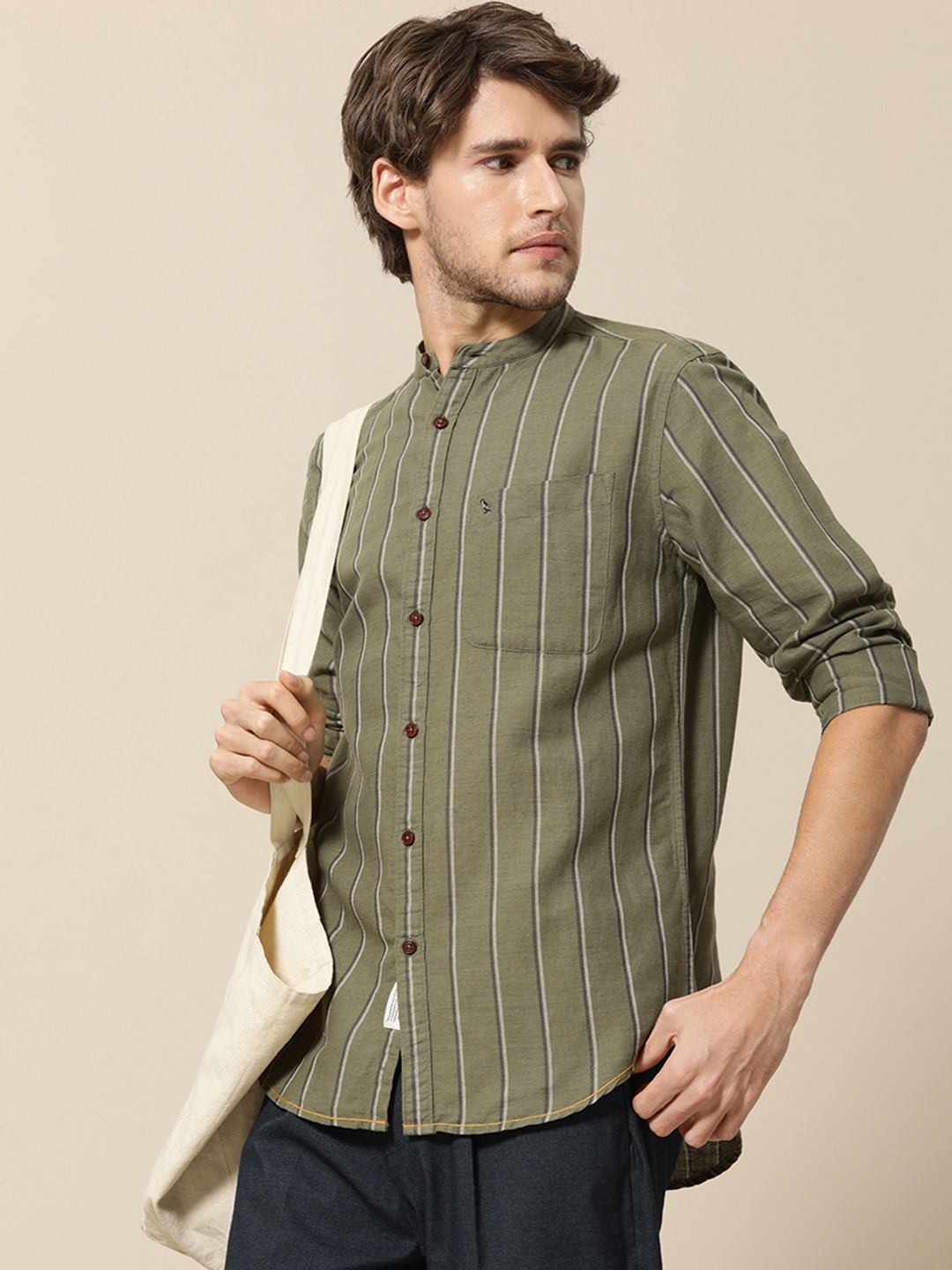Mr Bowerbird Men Olive Green & Beige Striped Tailored Fit Cotton Linen Casual Shirt