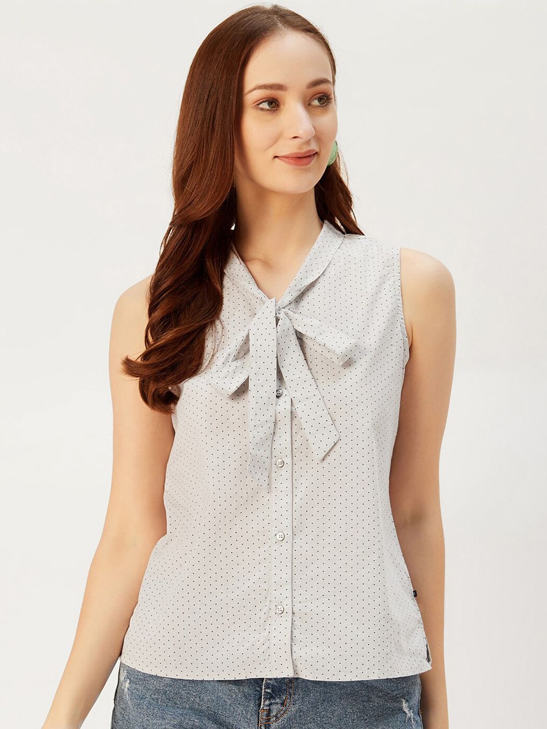 Xpose Women White Polka Dots Printed Tie-Up Neck Shirt Style Top