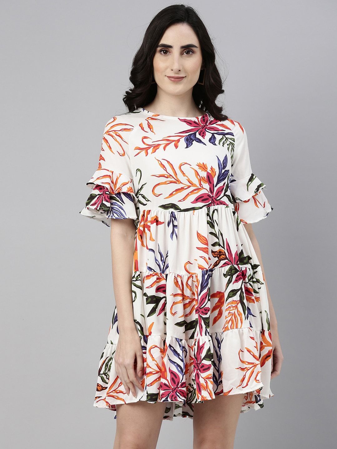 PINACOLADA White & Pink Floral Printed Knee Length Dress