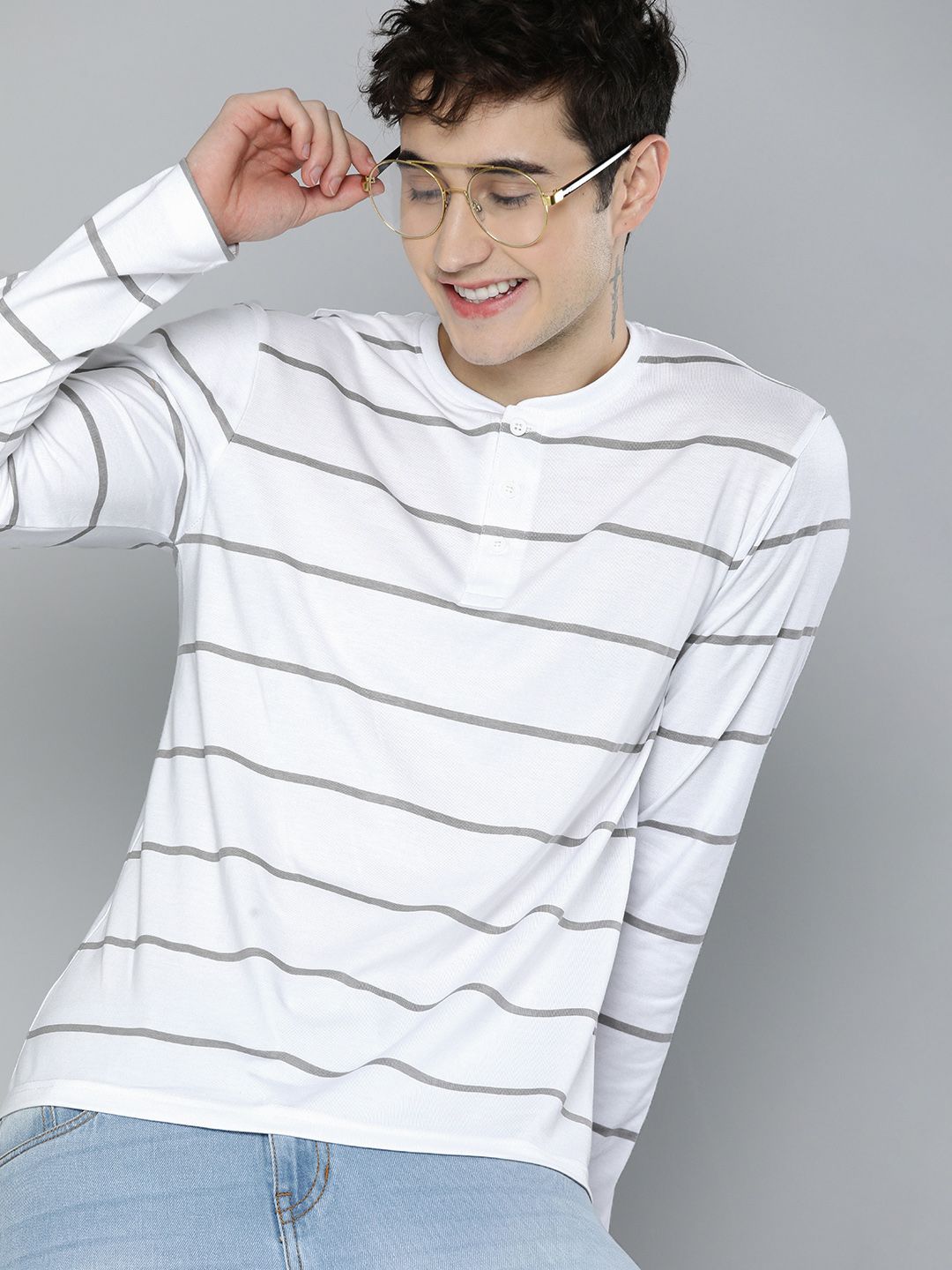 HERENOW Men White  Grey Striped Henley Neck Pure Cotton T-shirt