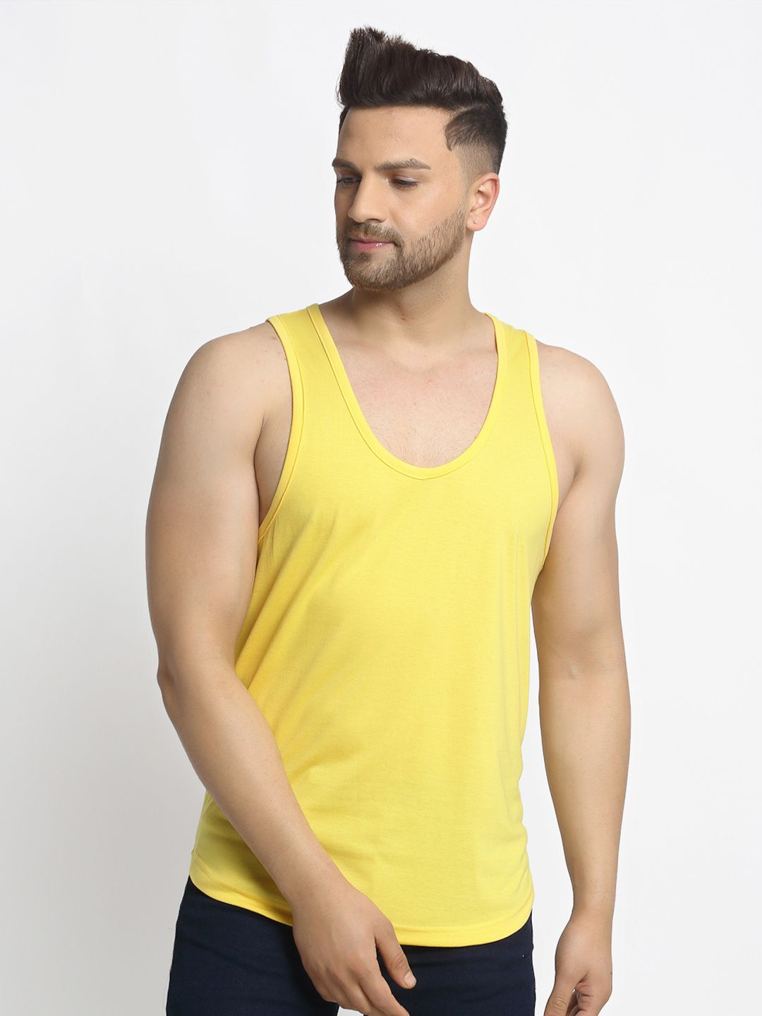 Friskers Men Yellow Solid Pure Cotton Drop-Cut Gym Innerwear Vest
