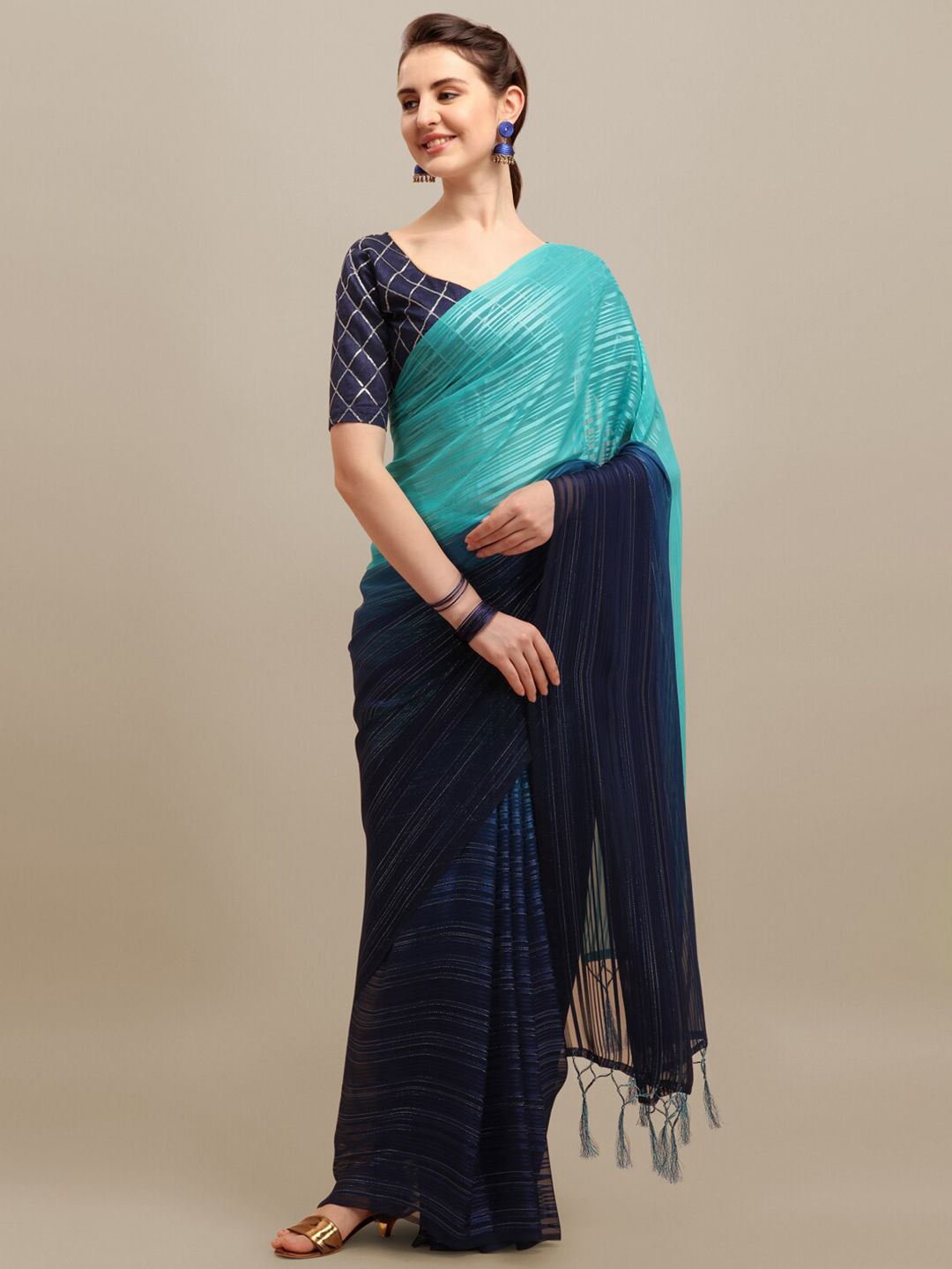 RAJGRANTH Blue Striped Sequinned Silk Blend Half and Half Banarasi Saree