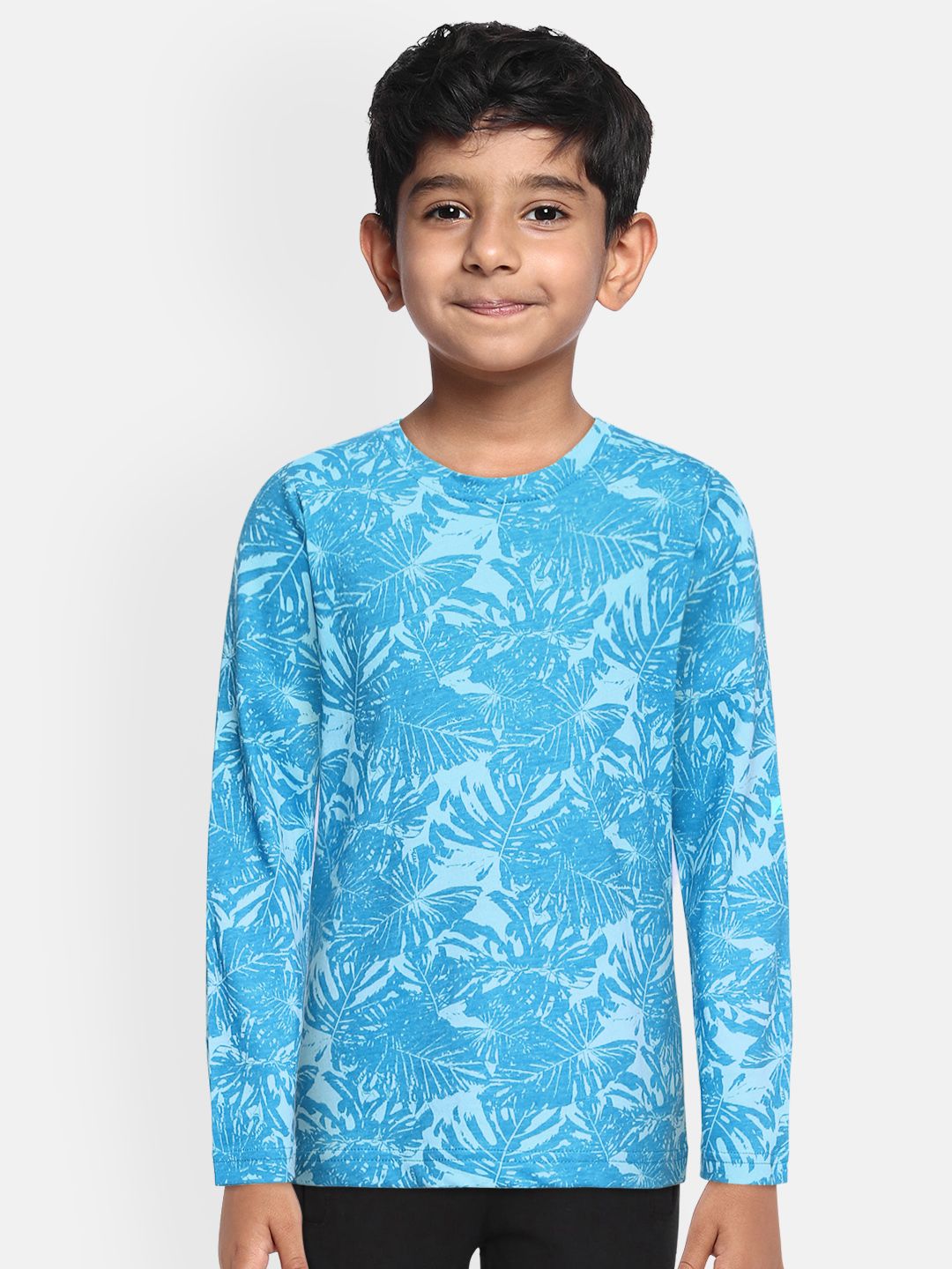 Urbano Juniors Aqua Cotton Floral Round Neck Long Sleeves Slim Fit T-shirt