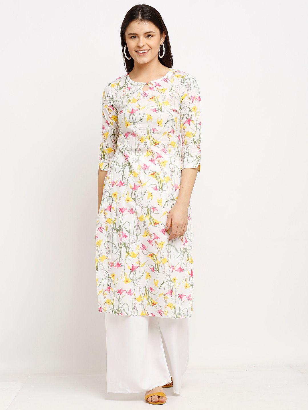 Rajnandini Women White & Yellow Floral Printed Keyhole Neck Pure Cambric Cotton Kurta