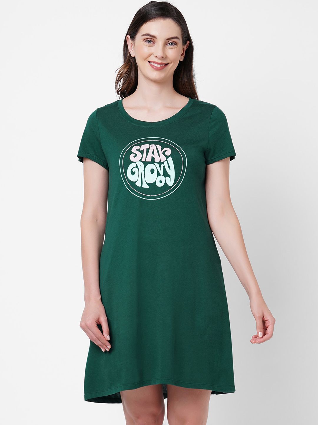 Soie Women Green & Pink Printed Sleep Shirt Cotton Nightdress