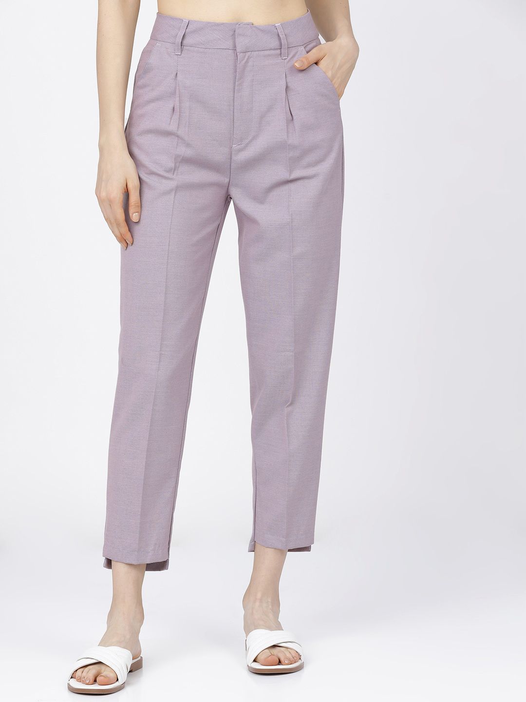 CHIC BY TOKYO TALKIES Women Lavender Tapered Fit High-Rise Pleated Trousers