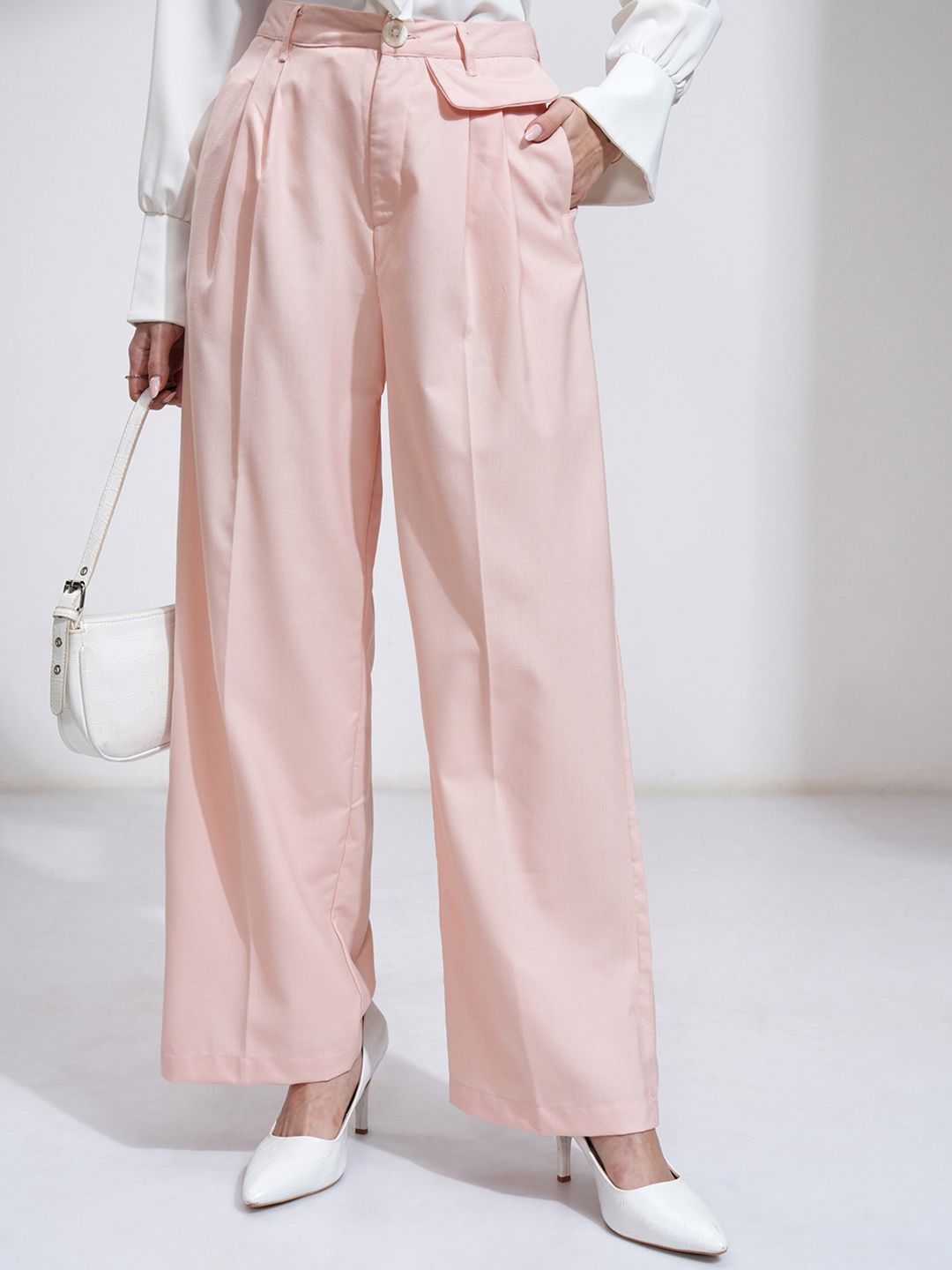 Tokyo Talkies Women Cream-Coloured Pleated Parallel Trousers