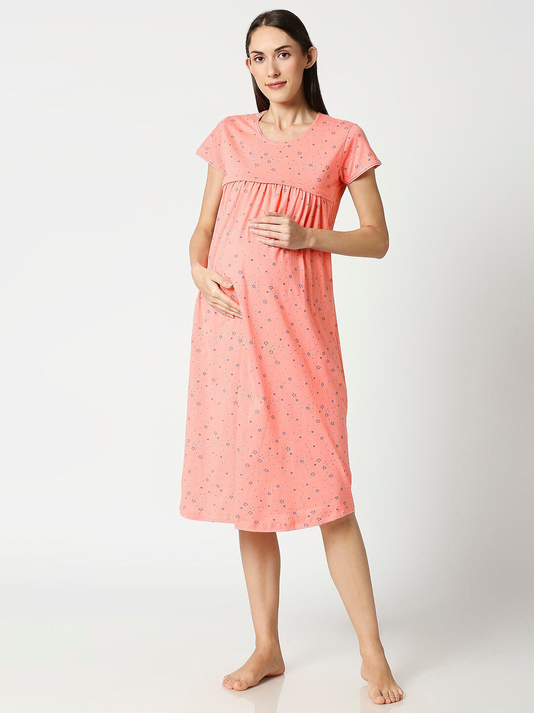 AV2 Women Peach Pure Cotton Printed Maternity Nightdress