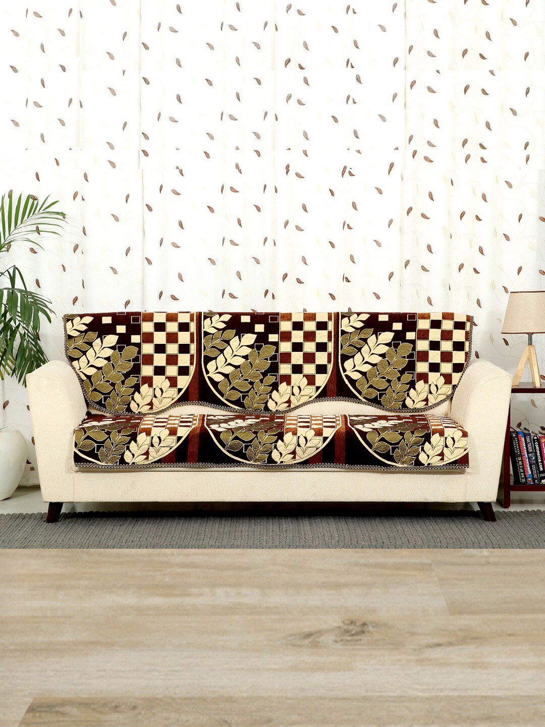 BELLA TRUE Brown Leaf Chenille 10PC Straight 5 Seater Sofa Cover-27x27In