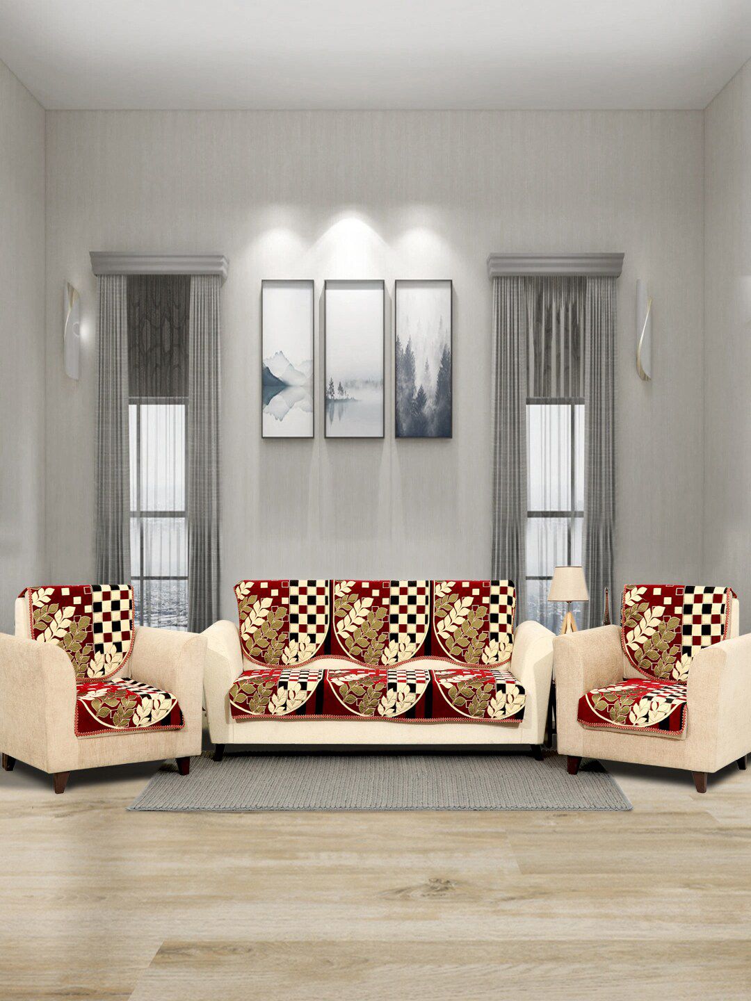 Buy BELLA TRUE Maroon Leaf Chenille 10PC Straight 5 Seater Sofa Cover 27x27In -  - Home for Unisex