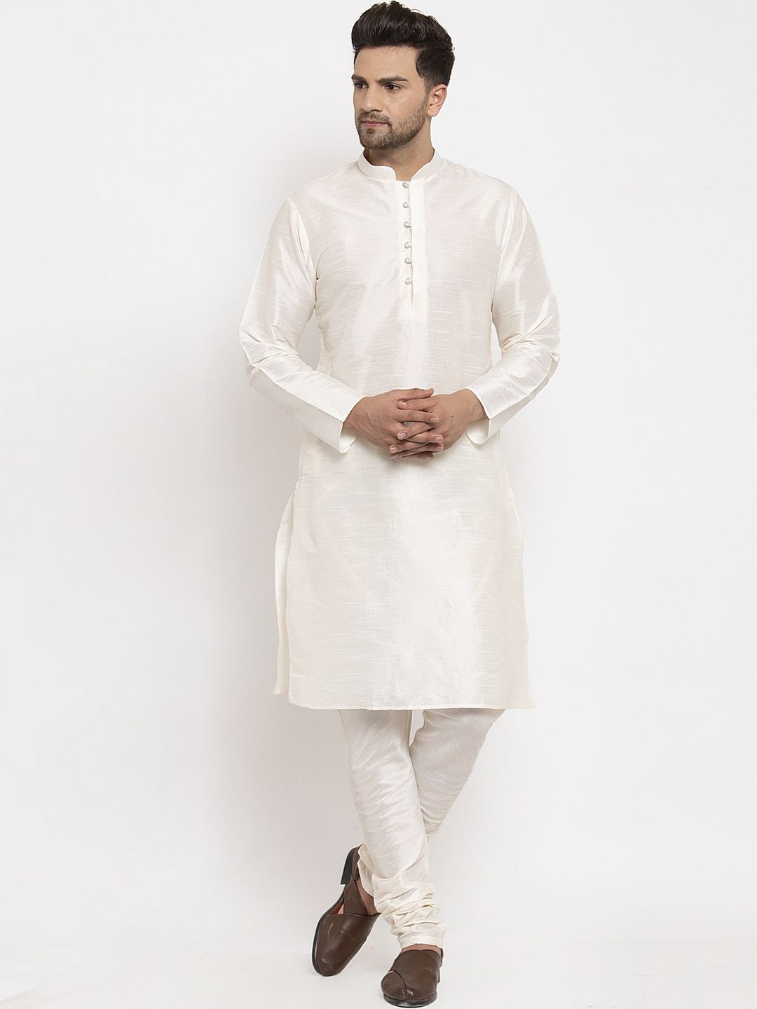 KRAFT INDIA Men Cream-Coloured Regular Dupion Silk Kurta with Churidar