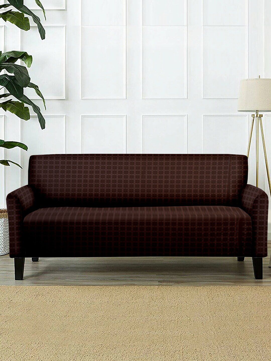 Cortina Brown Checkered Polyester Straight 3 Seater Sofa Cover-73x57In