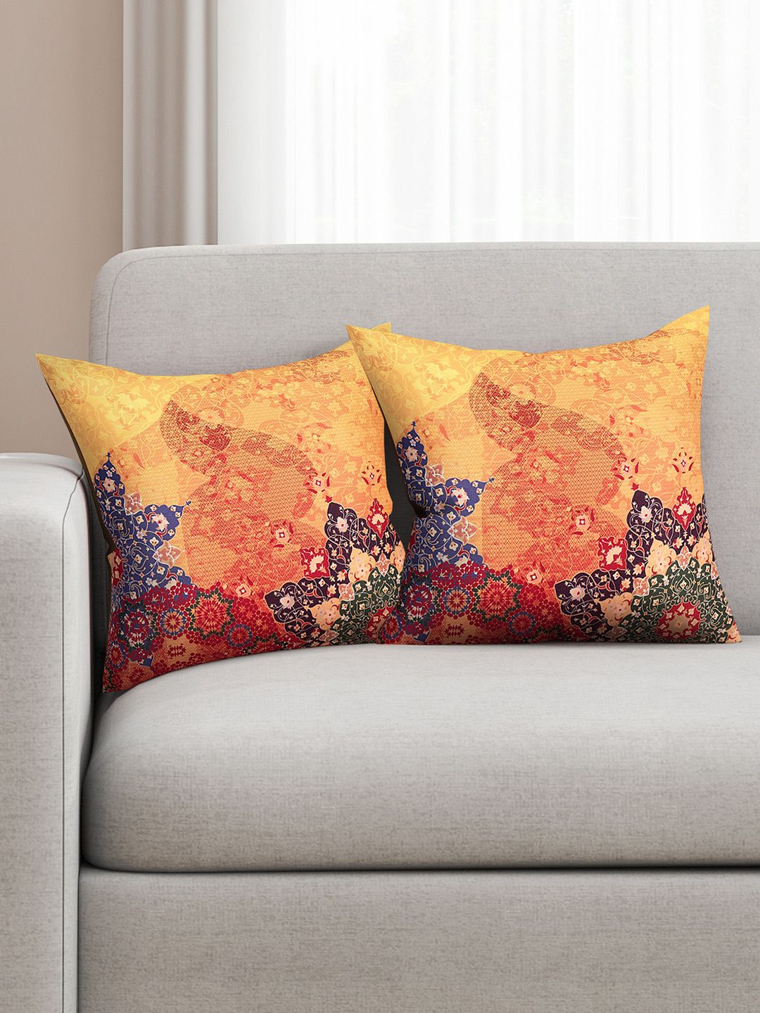 SEJ by Nisha Gupta Yellow Set of 2 Printed 16" X 16" Silk Square Cushion Covers