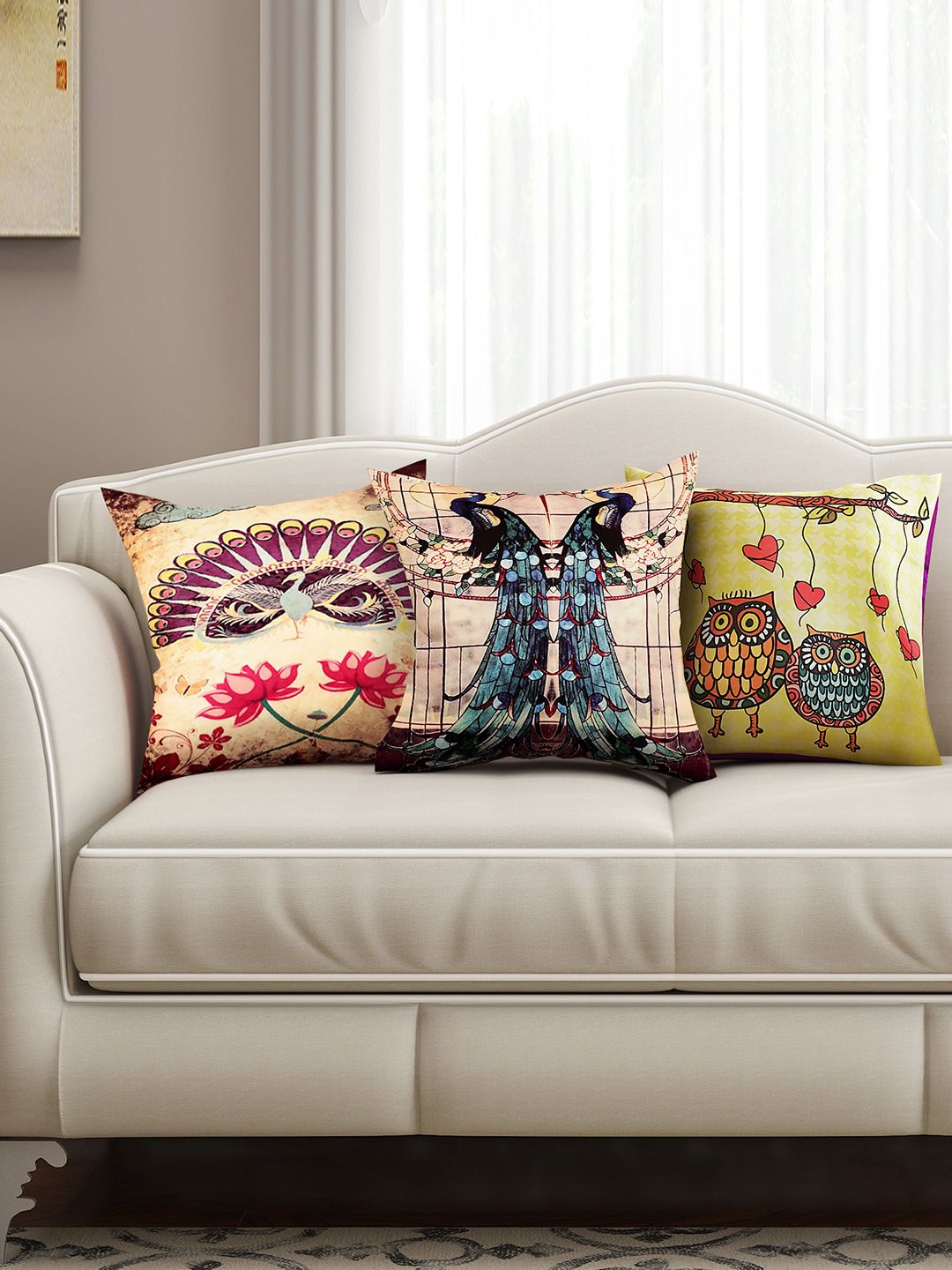 SEJ by Nisha Gupta Ethnic Motifs Silk HD Digital 3 Pcs Cushion Covers -16x16In