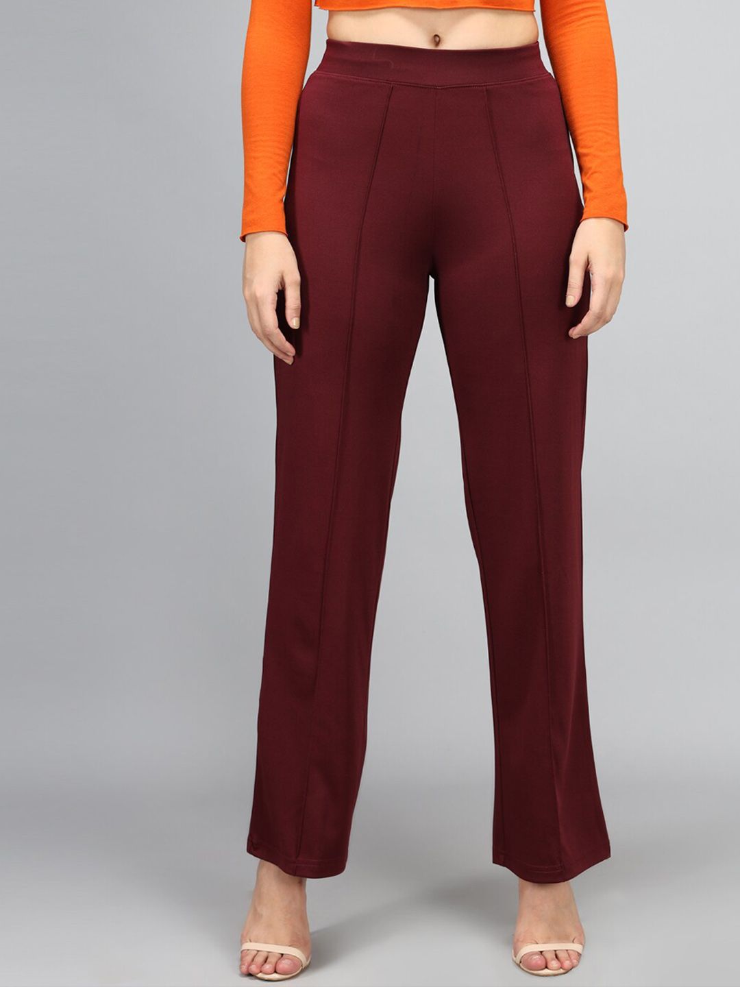 Kotty Women Maroon Solid High-Rise Bootcut Trousers
