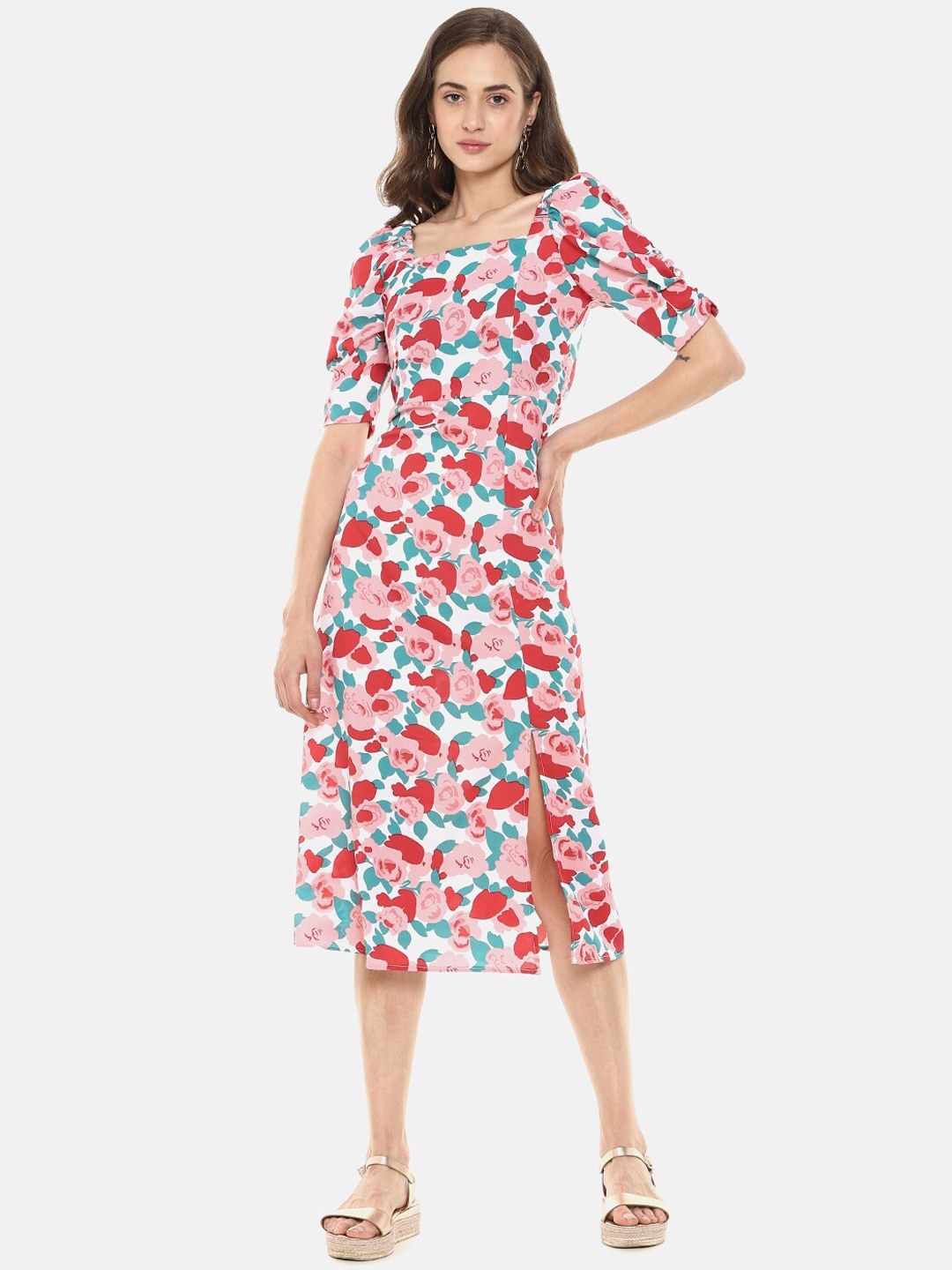PINACOLADA Women White & Pink Floral Printed Midi Dress